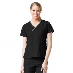 Maevn Core Contrast Y- Neck Mock Wrap Top Style - 1026 Sizes XXS - 5XL Womens Medical