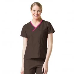 Maevn Core Contrast Y- Neck Mock Wrap Top Style - 1026 Sizes XXS - 5XL Womens Medical