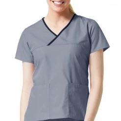 Maevn Core Contrast Y- Neck Mock Wrap Top Style - 1026 Sizes XXS - 5XL Womens Medical