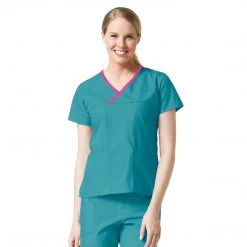 Maevn Core Contrast Y- Neck Mock Wrap Top Style - 1026 Sizes XXS - 5XL Womens Medical
