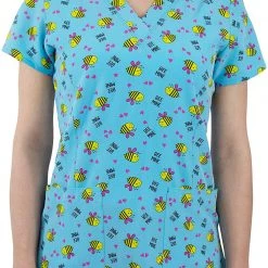Womens Medical Maevn 1767 BEM Bee Mine Bees Printed Curved V-Neck Top Sizes M & L