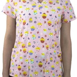 Maevn 1767 EEH Ester Egg Hunt Printed V-Neck Scrub Top Sizes S To XL